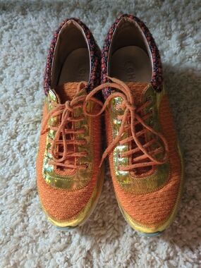 CHANEL Orange Tweed Sneakers with Gold Iridescent Trim